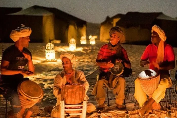 Traditional Berber music performance under the stars in Agafay desert.